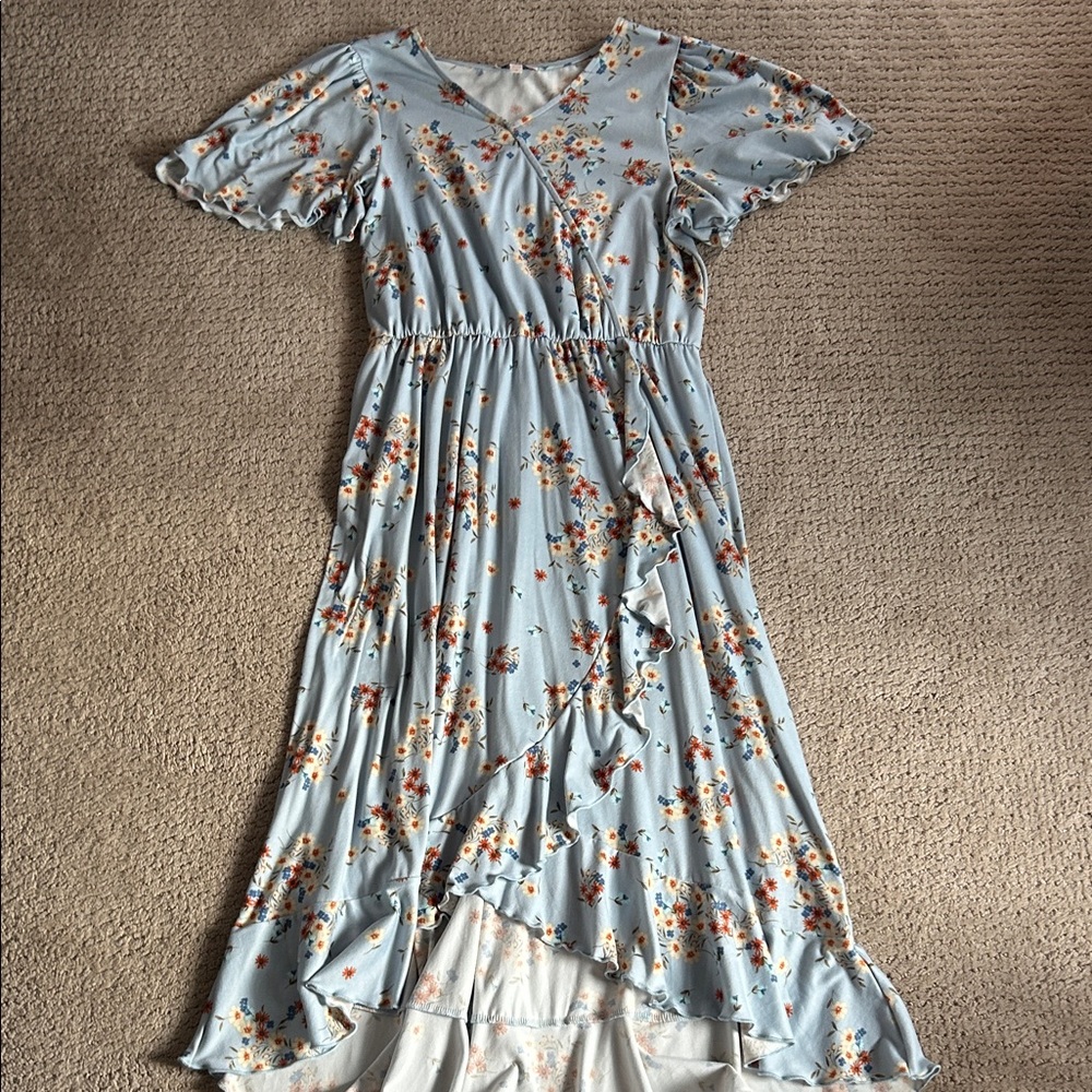 Light Blue Floral Ruffle Wrap Long Dress Stretchy
